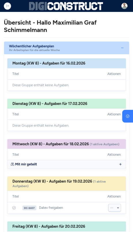 DigiConstruct Dashboard — Mobile Ansicht
